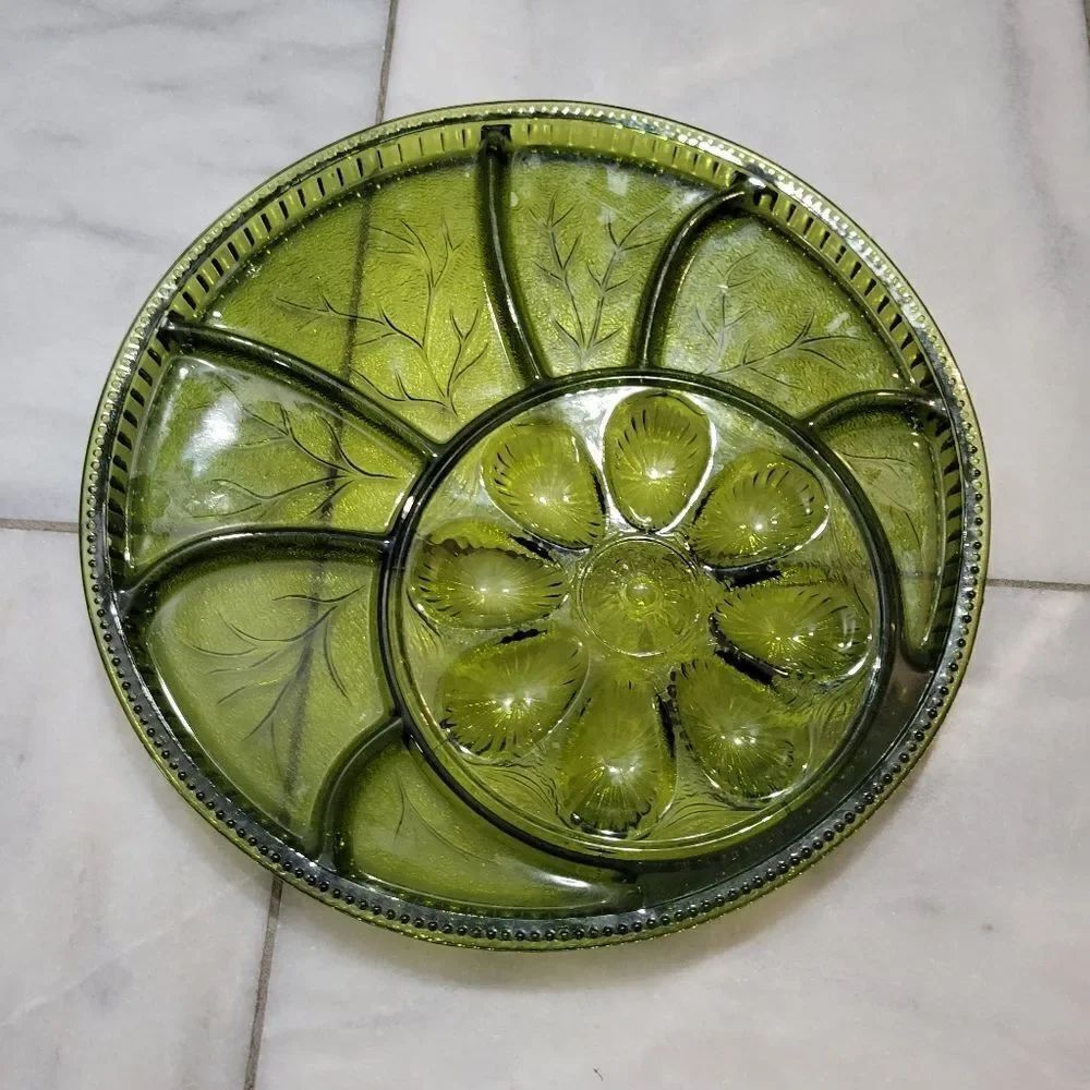 Vintage Indiana Divided Serving Platter Green Glass Relish Plate